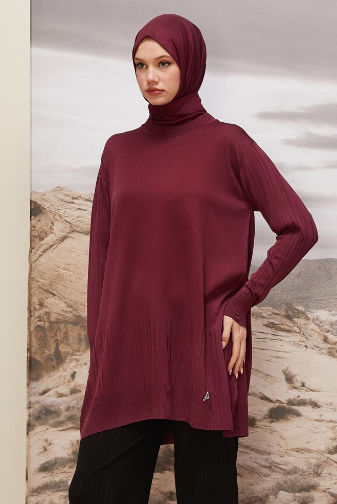 Vêtements hijab ROUGE BORDEAUX TUNIQUE EN MAILLE 45856 - ALVİNA