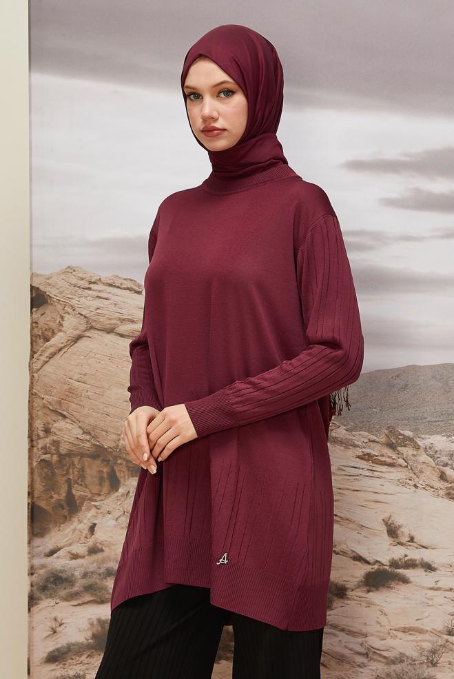 Vêtements hijab ROUGE BORDEAUX TUNIQUE EN MAILLE 45856 - ALVİNA