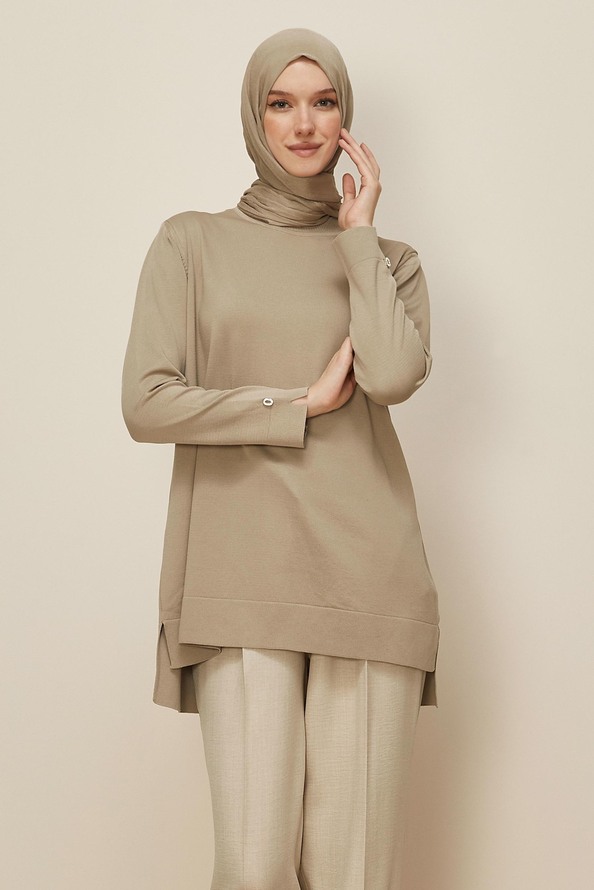 Vêtements hijab BEIGE 45857 TRİKO TUNİK 38-48