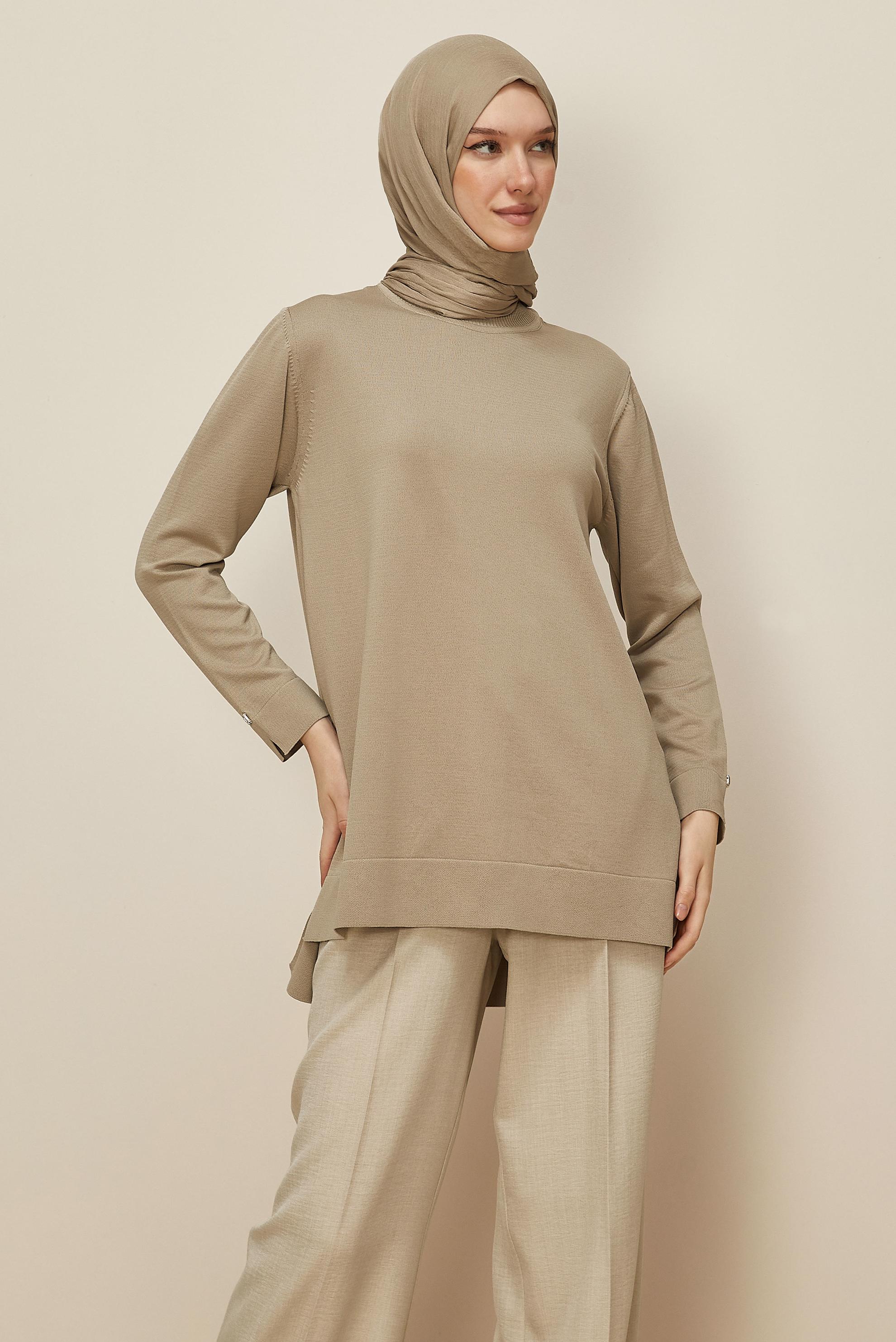 Vêtements hijab BEIGE 45857 TRİKO TUNİK 38-48