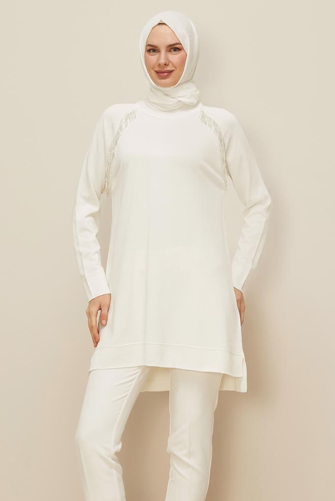 Tesettür giyim BEYAZ 45876 TRİKO TUNİK 38-46 - ALVİNA