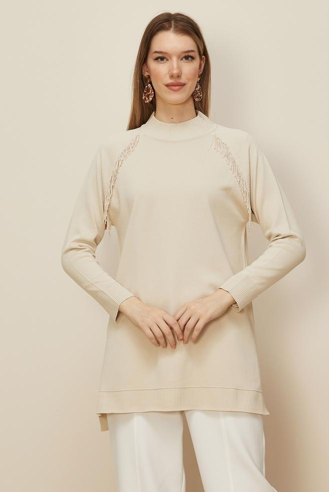 Tesettür giyim BEJ BONCUK DETAYLI TRİKO TUNİK 45876 - ALVİNA