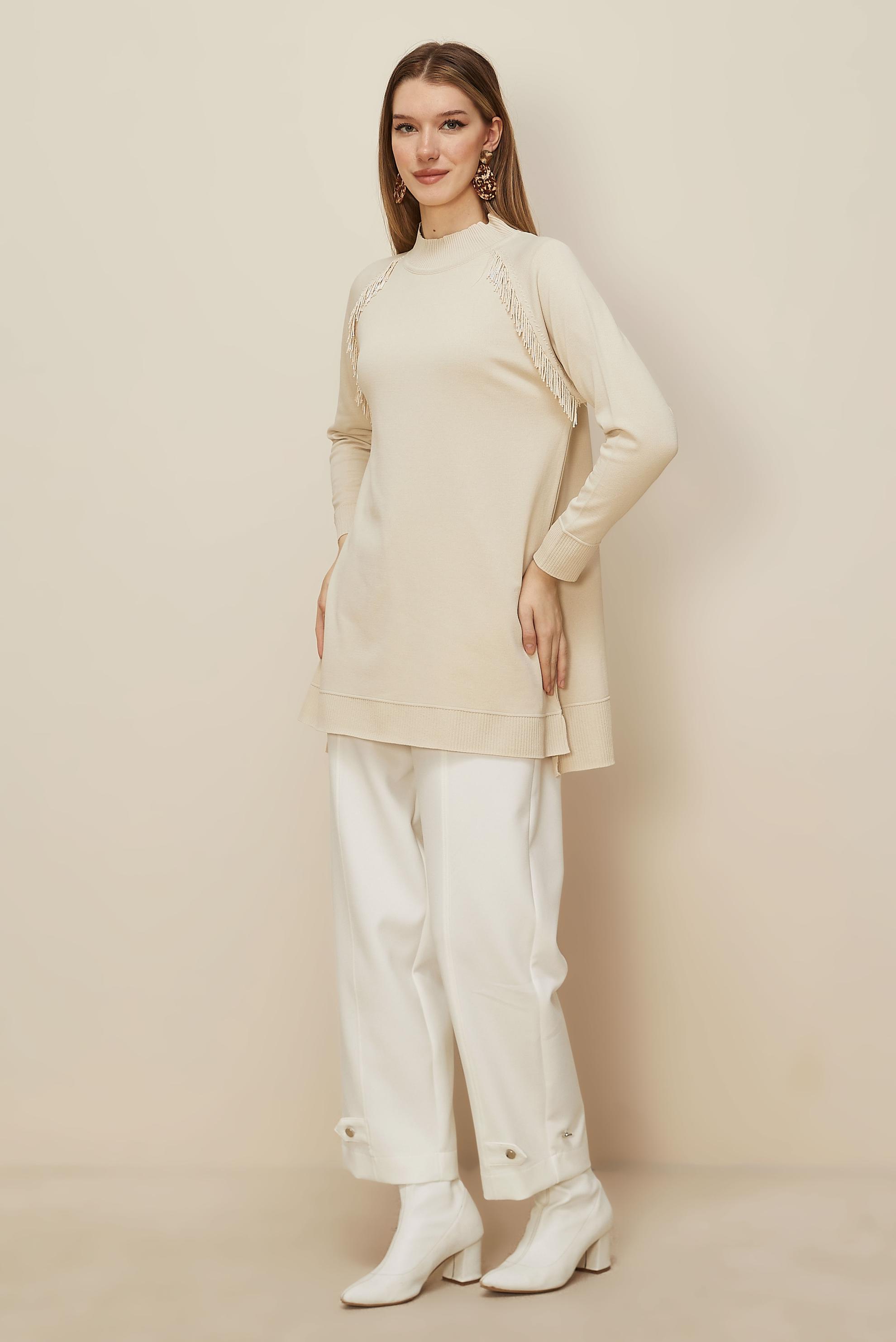 Tesettür giyim BEJ BONCUK DETAYLI TRİKO TUNİK 45876