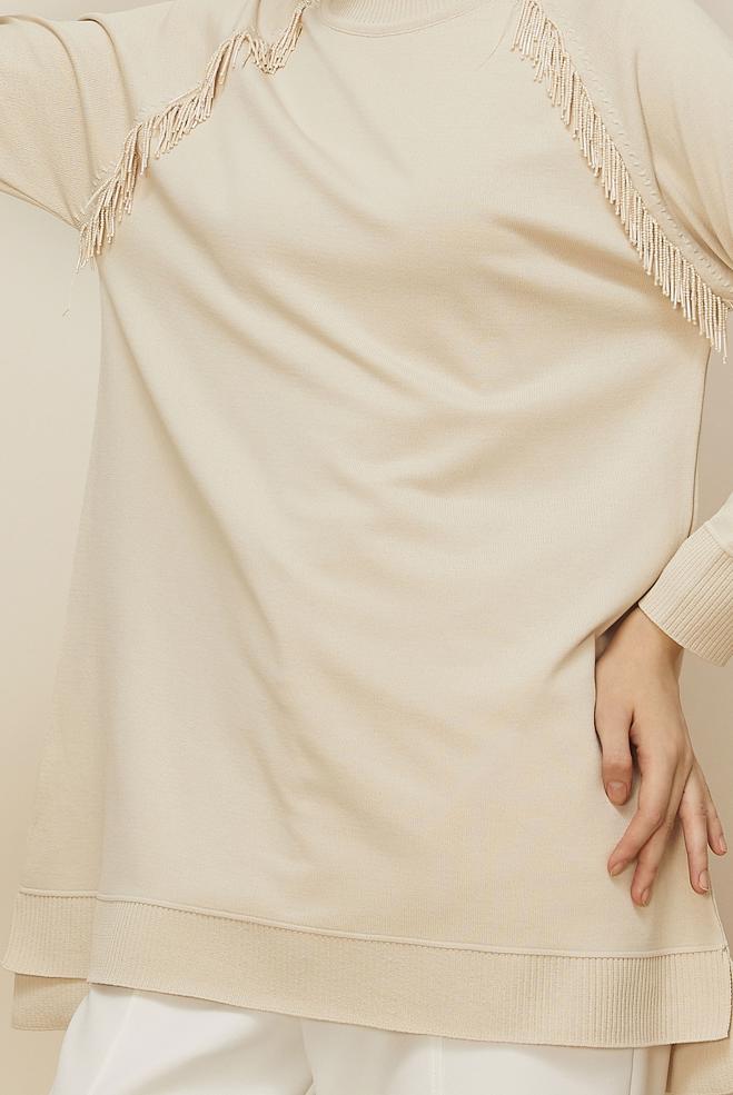 Tesettür giyim BEJ BONCUK DETAYLI TRİKO TUNİK 45876 - ALVİNA