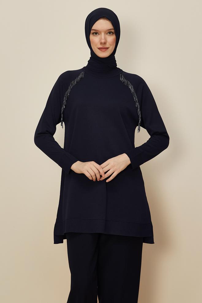 Hijab clothing NAVY BLUE BEAD DETAILED KNITWEAR TUNIC 45876 - ALVİNA