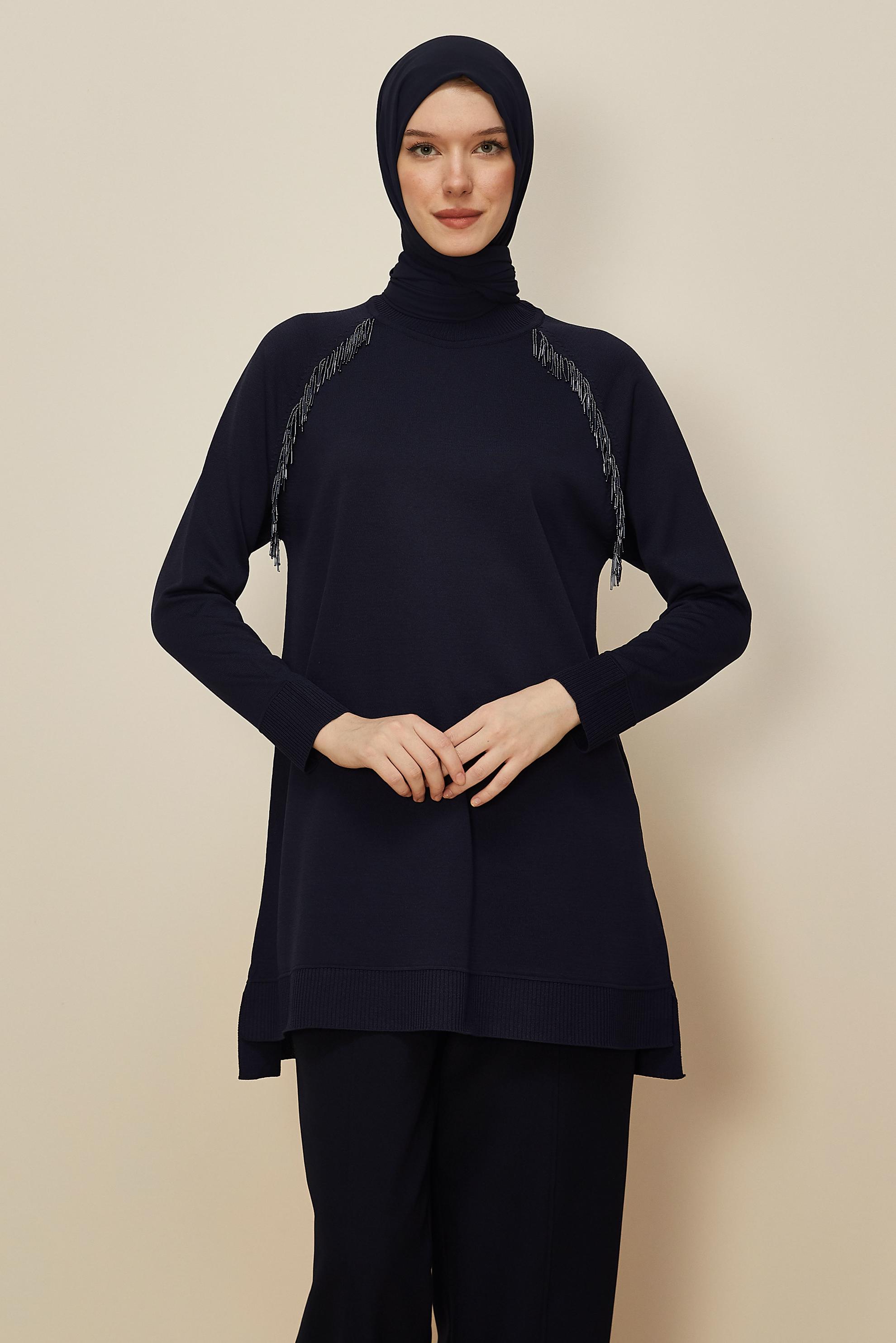 Hijab clothing NAVY BLUE BEAD DETAILED KNITWEAR TUNIC 45876