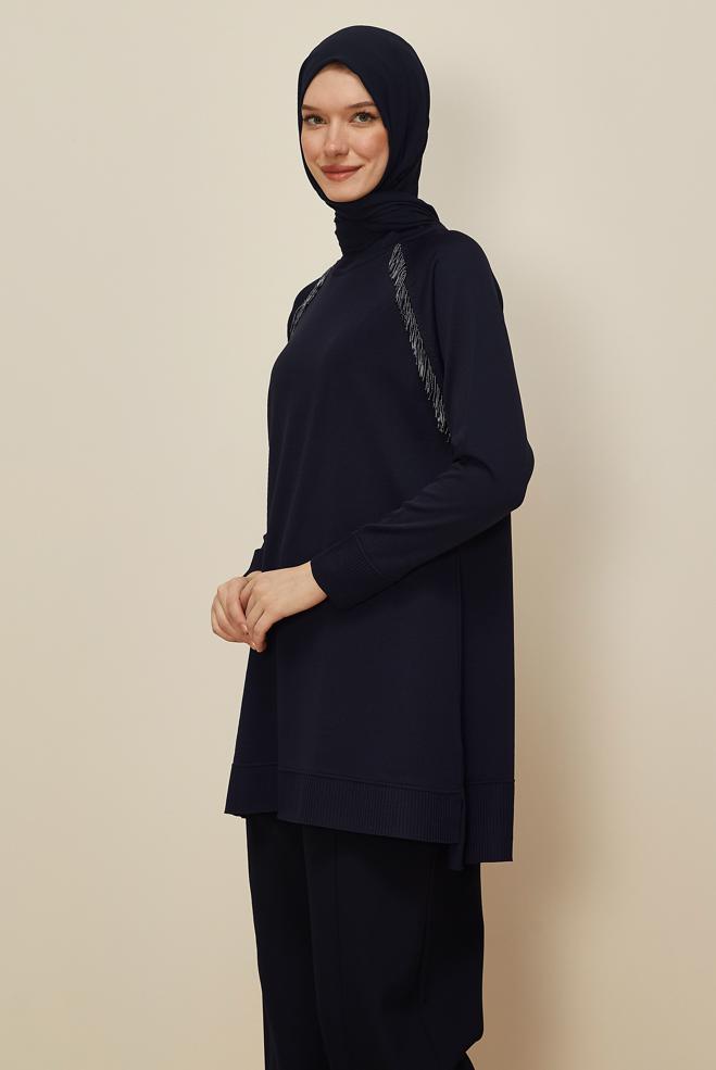 Hijab clothing NAVY BLUE BEAD DETAILED KNITWEAR TUNIC 45876 - ALVİNA