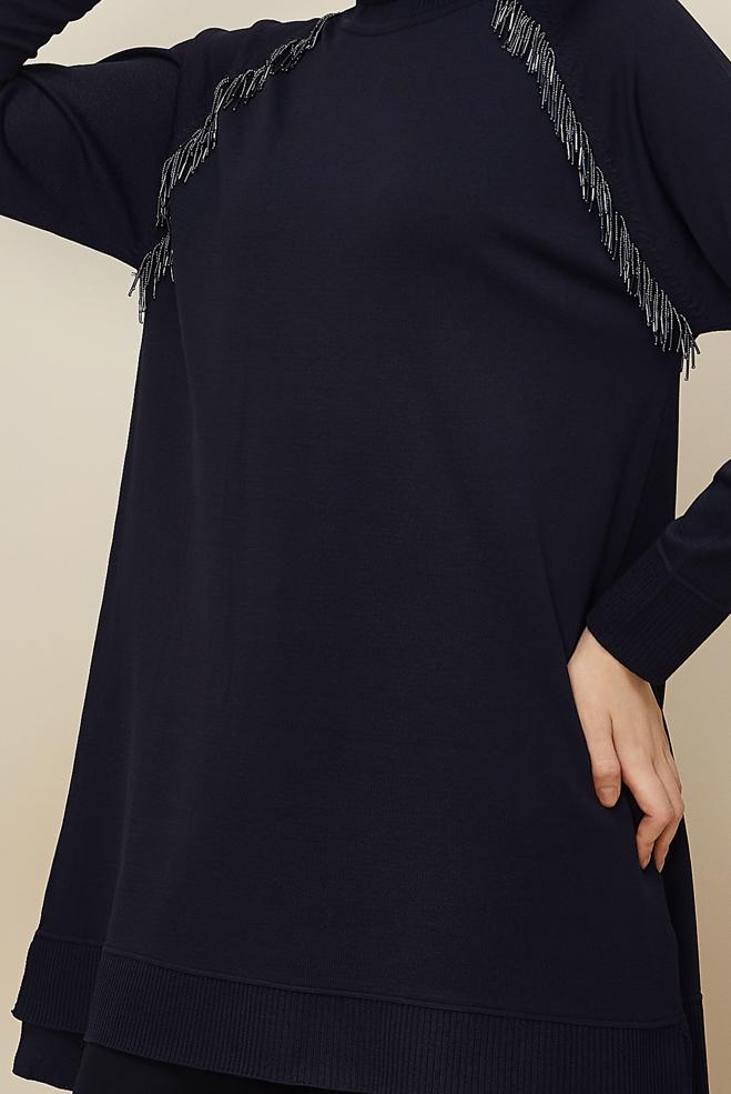 Hijab clothing NAVY BLUE BEAD DETAILED KNITWEAR TUNIC 45876 - ALVİNA