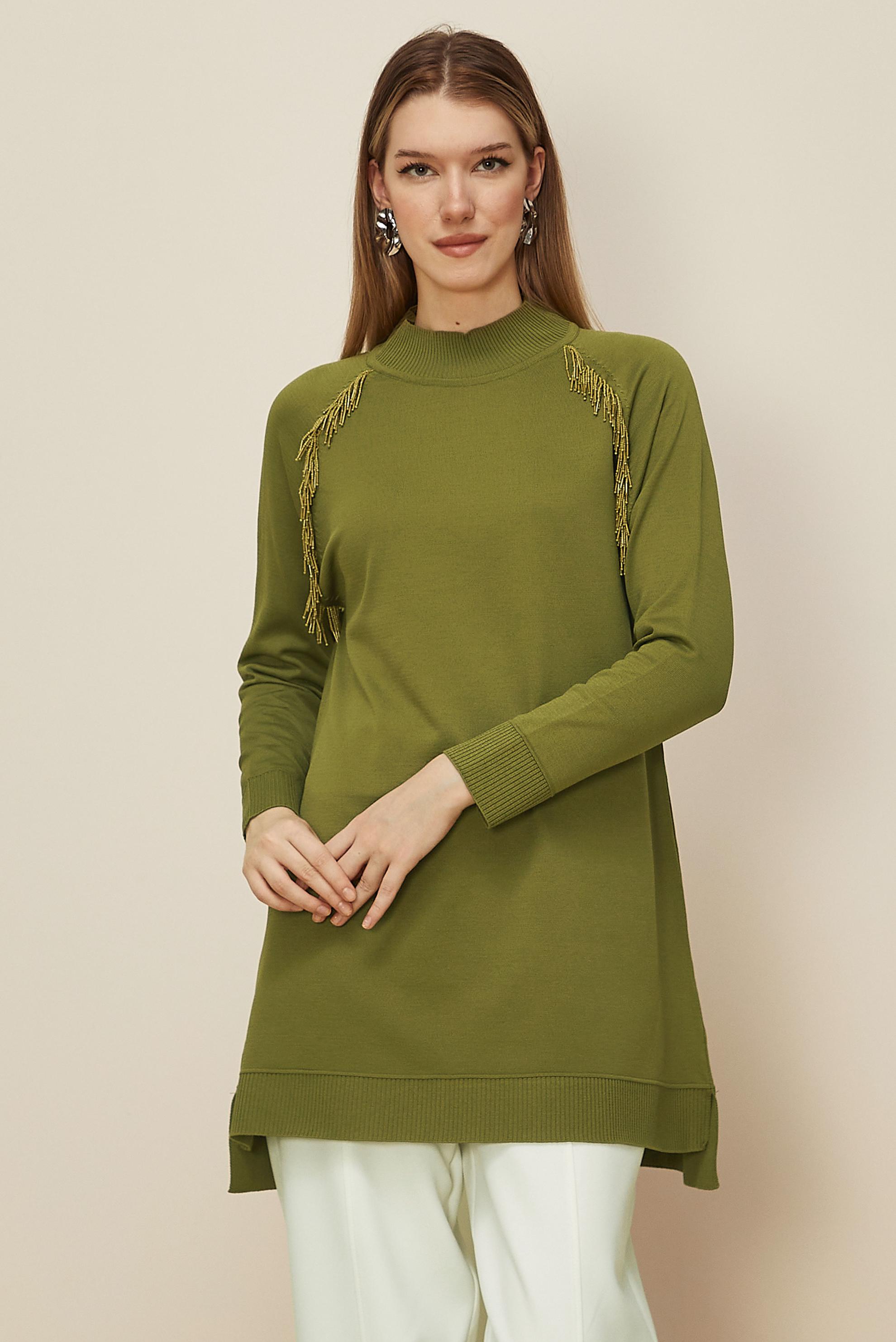 Tesettür giyim YEŞİL BONCUK DETAYLI TRİKO TUNİK 45876