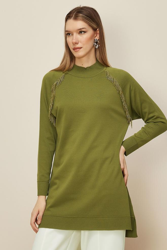 Tesettür giyim YEŞİL BONCUK DETAYLI TRİKO TUNİK 45876 - ALVİNA