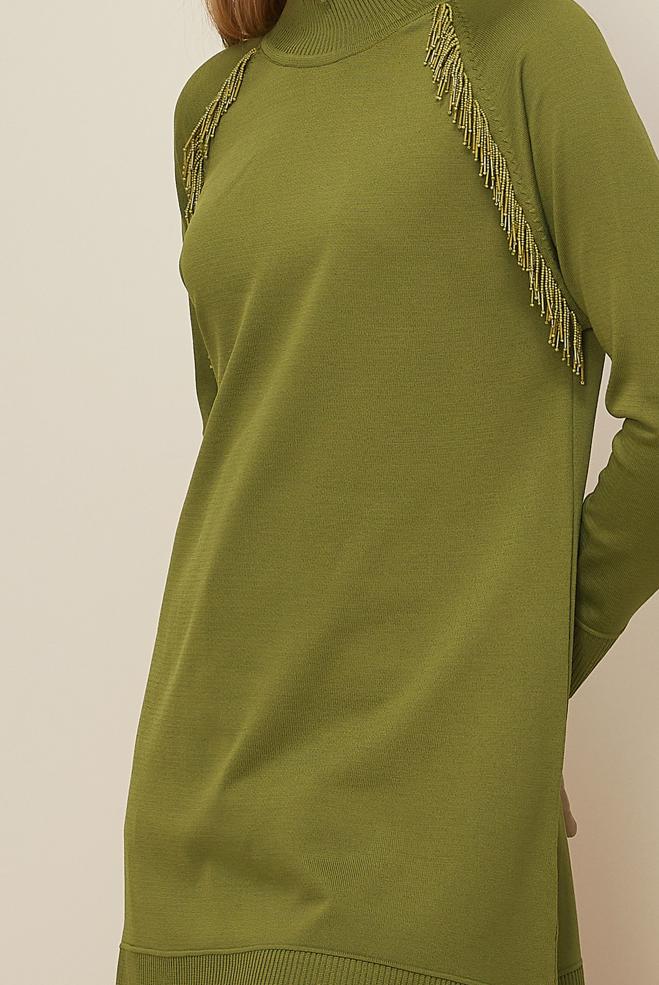 Tesettür giyim YEŞİL BONCUK DETAYLI TRİKO TUNİK 45876 - ALVİNA