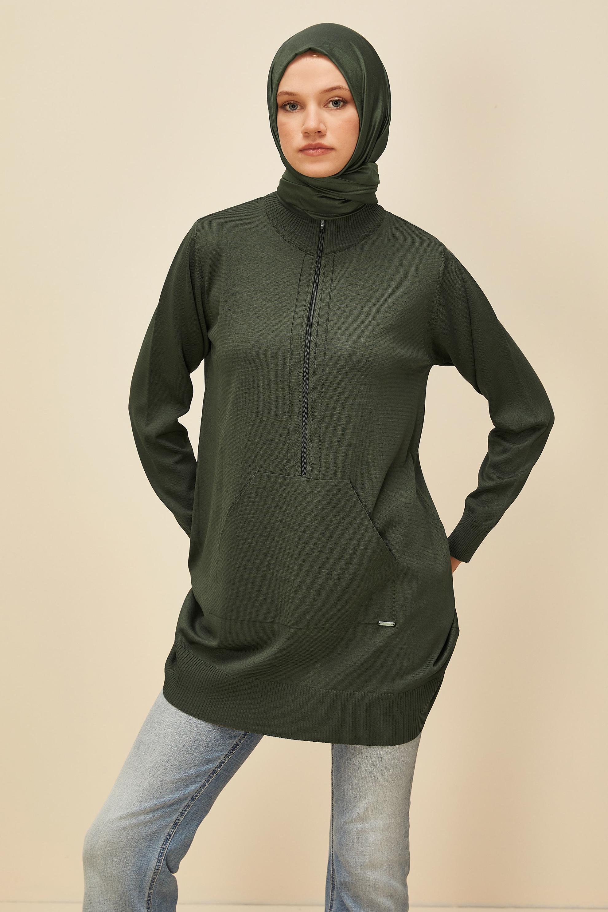 Tesettür giyim HAKİ FERMUARLI TRİKO TUNİK 45885