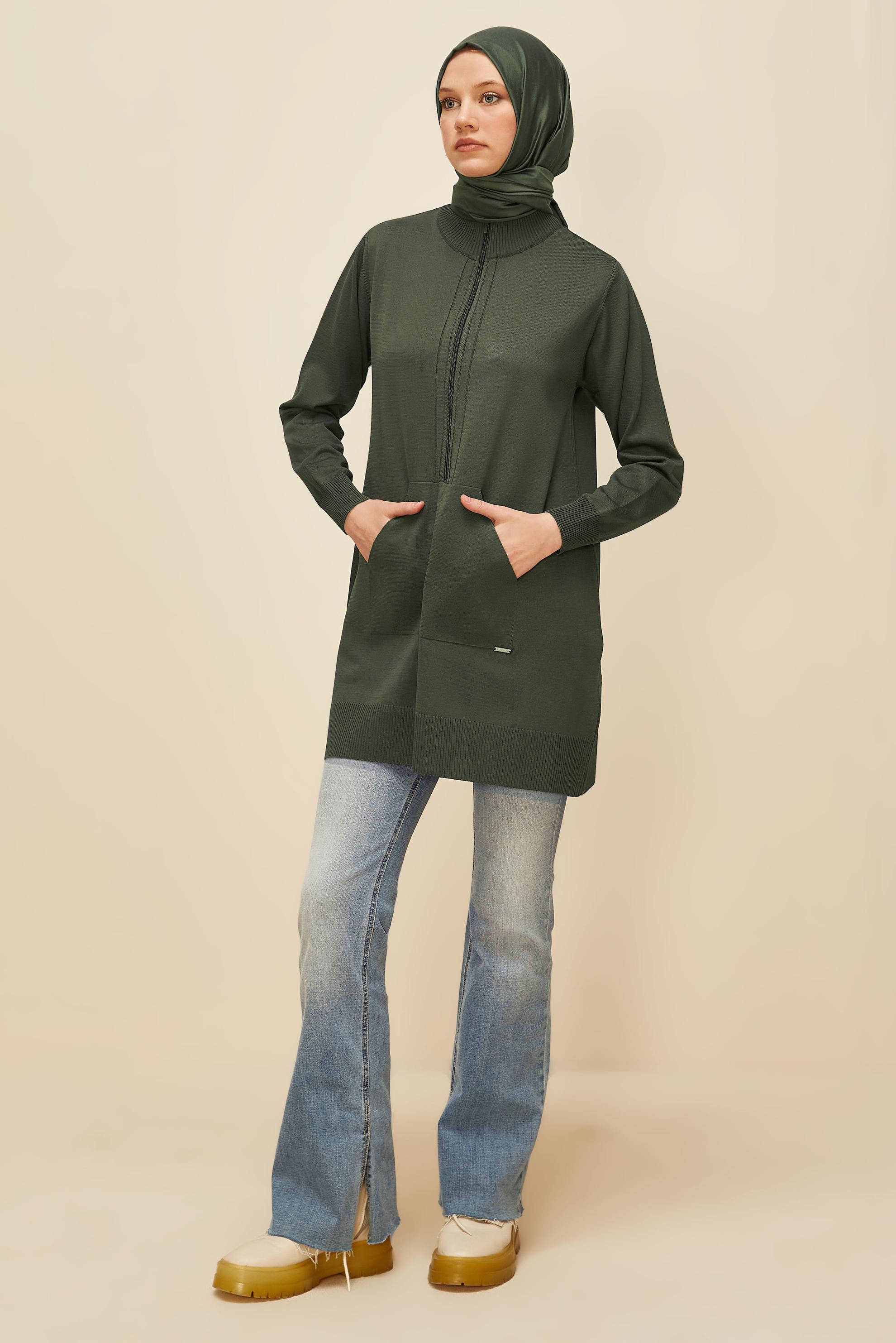 Tesettür giyim HAKİ FERMUARLI TRİKO TUNİK 45885