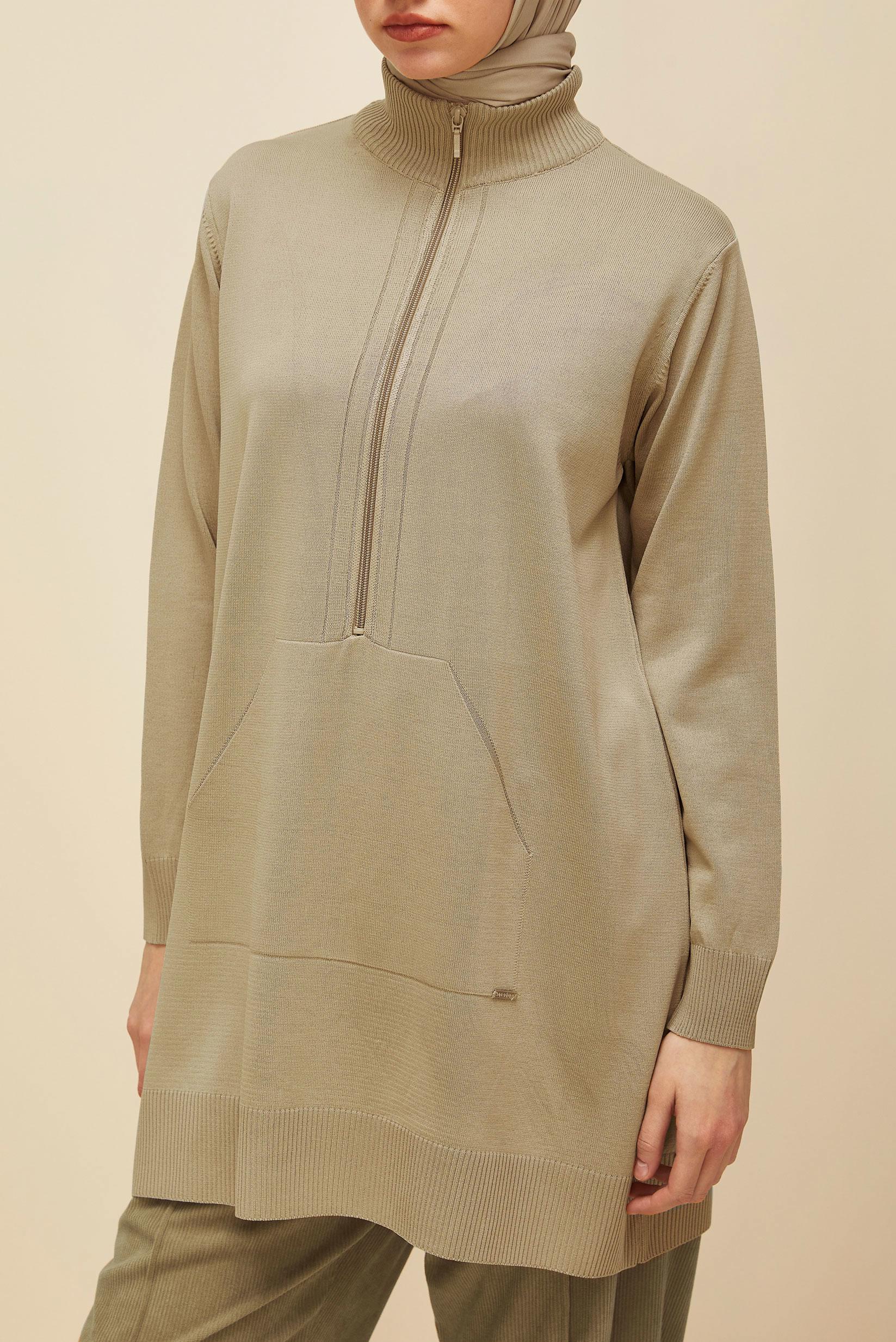 Tesettür giyim BEJ FERMUARLI TRİKO TUNİK 45885