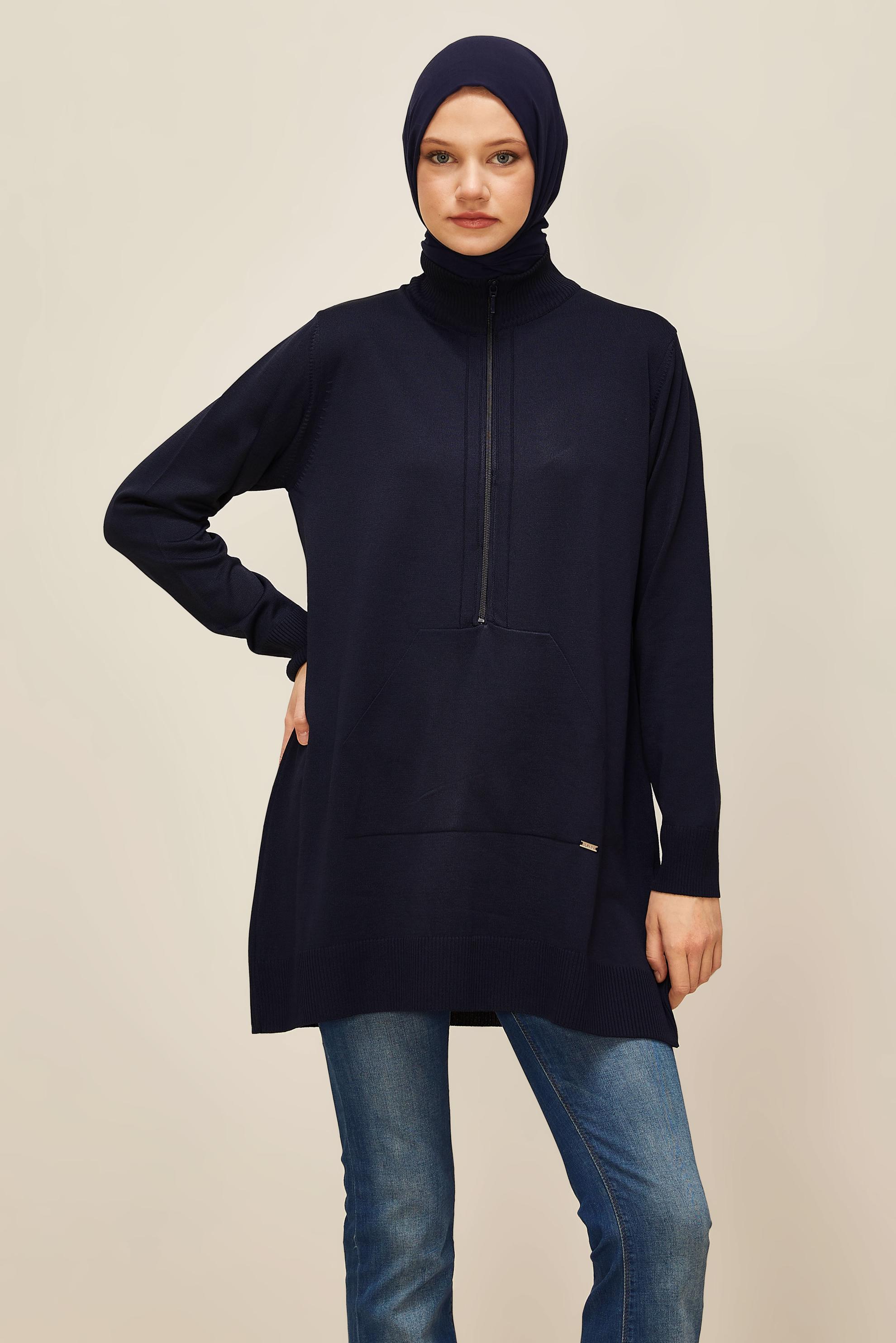 Tesettür giyim LACİVERT FERMUARLI TRİKO TUNİK 45885