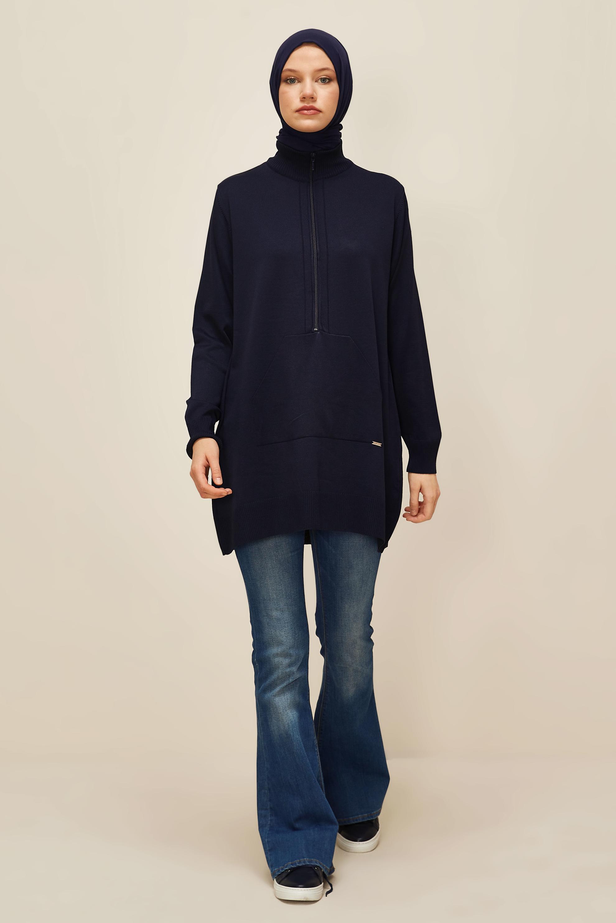 Tesettür giyim LACİVERT FERMUARLI TRİKO TUNİK 45885