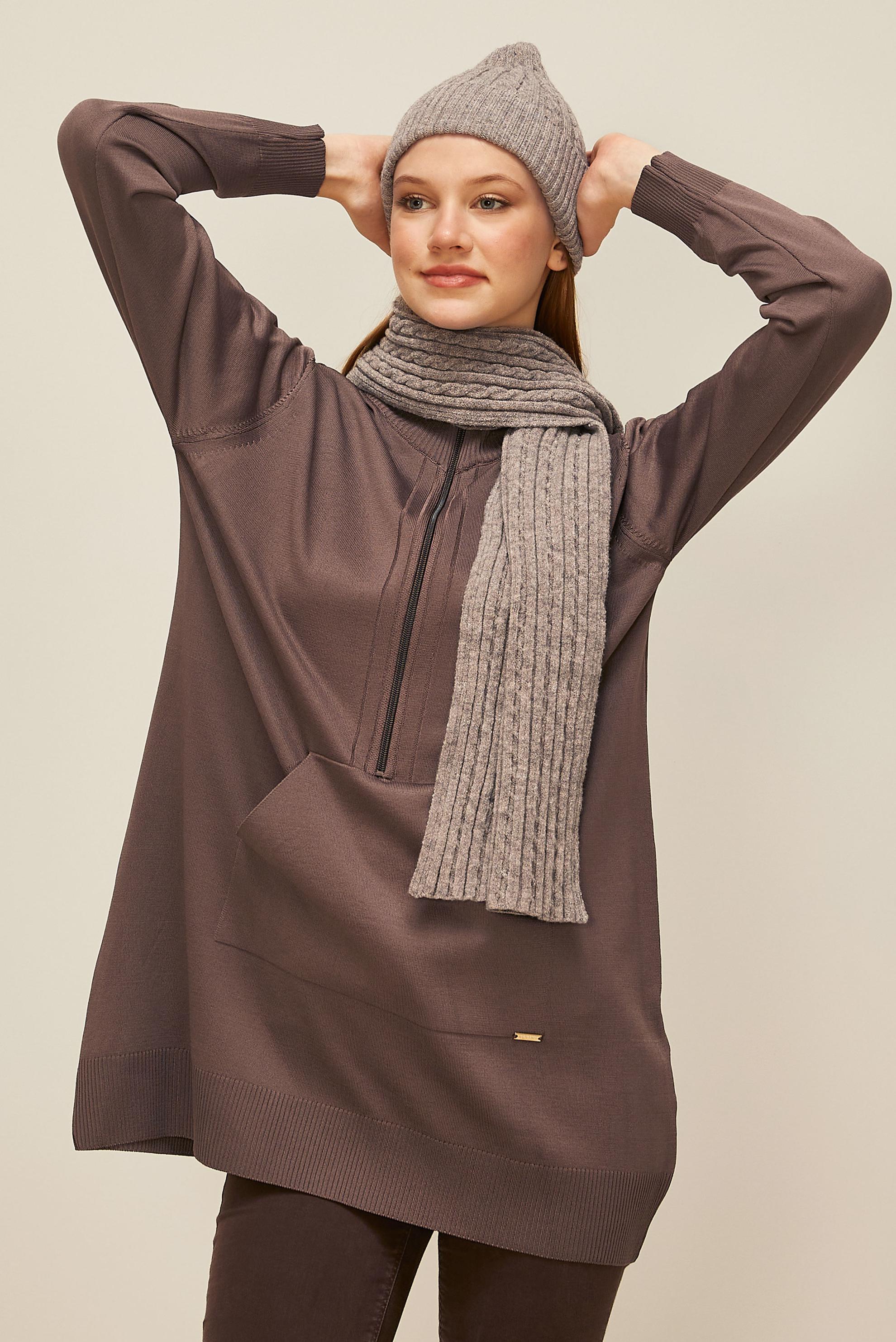 Tesettür giyim KAHVE FERMUARLI TRİKO TUNİK 45885