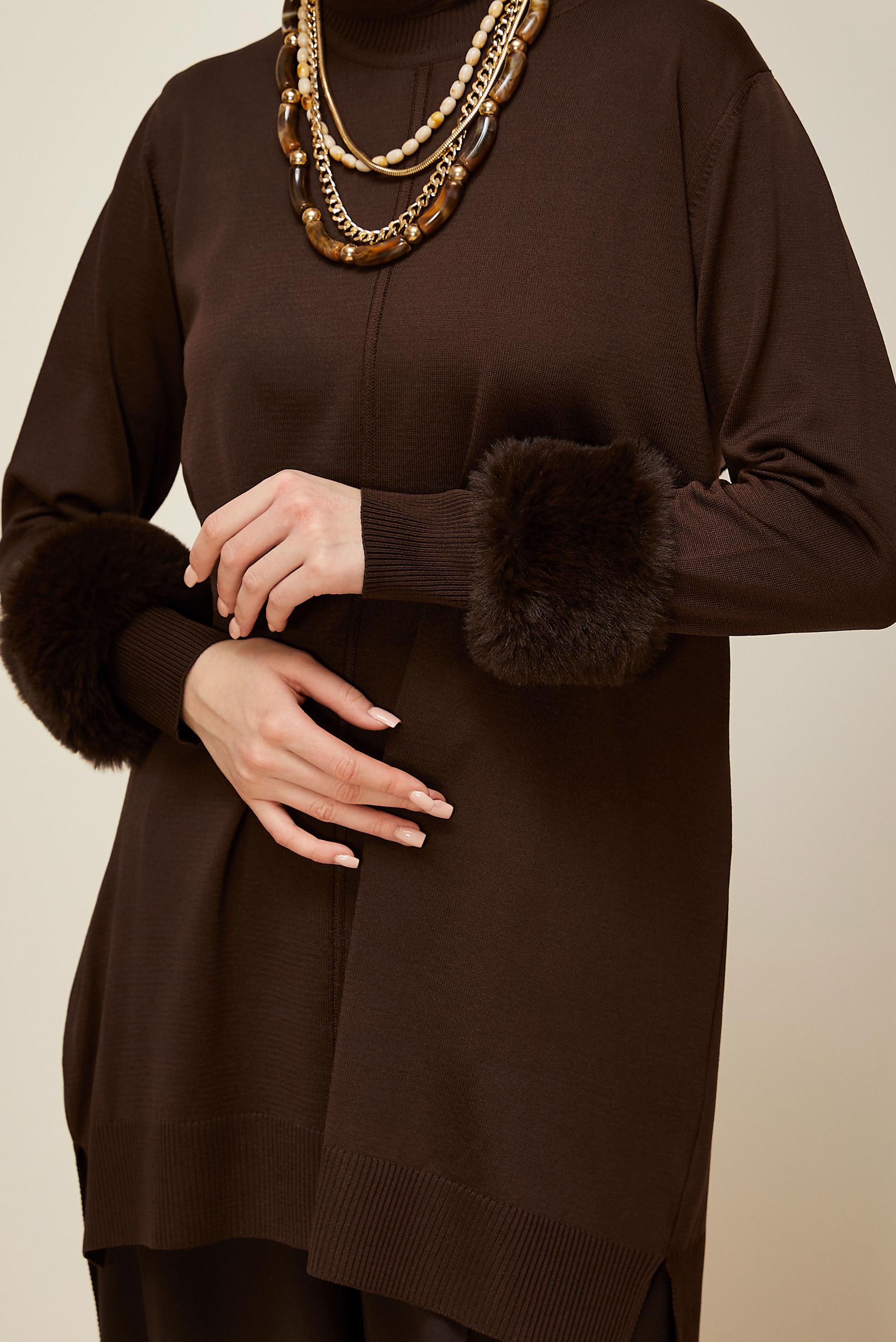 Tesettür giyim KAHVE KÜRK DETAYLI TRİKO TUNİK 45900