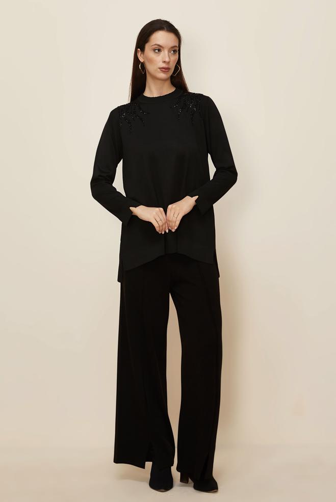 Tesettür giyim SİYAH BONCUK İŞLEMELİ TRİKO TUNİK 45906 - ALVİNA