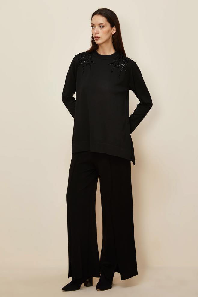 Tesettür giyim SİYAH BONCUK İŞLEMELİ TRİKO TUNİK 45906 - ALVİNA