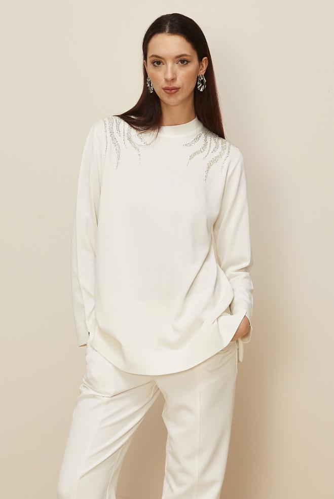 Tesettür giyim BEYAZ BONCUK İŞLEMELİ TRİKO TUNİK 45906 - ALVİNA