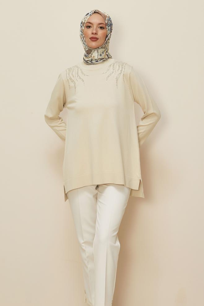 Tesettür giyim BEJ BONCUK İŞLEMELİ TRİKO TUNİK 45906 - ALVİNA