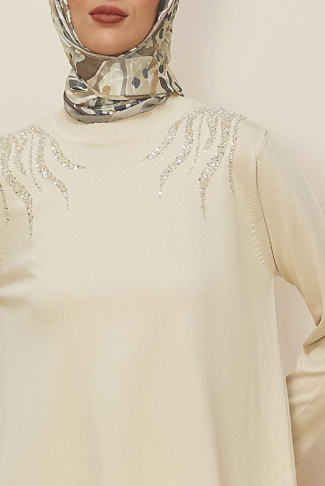 Tesettür giyim BEJ BONCUK İŞLEMELİ TRİKO TUNİK 45906 - ALVİNA