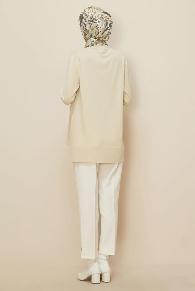 Tesettür giyim BEJ BONCUK İŞLEMELİ TRİKO TUNİK 45906 - ALVİNA