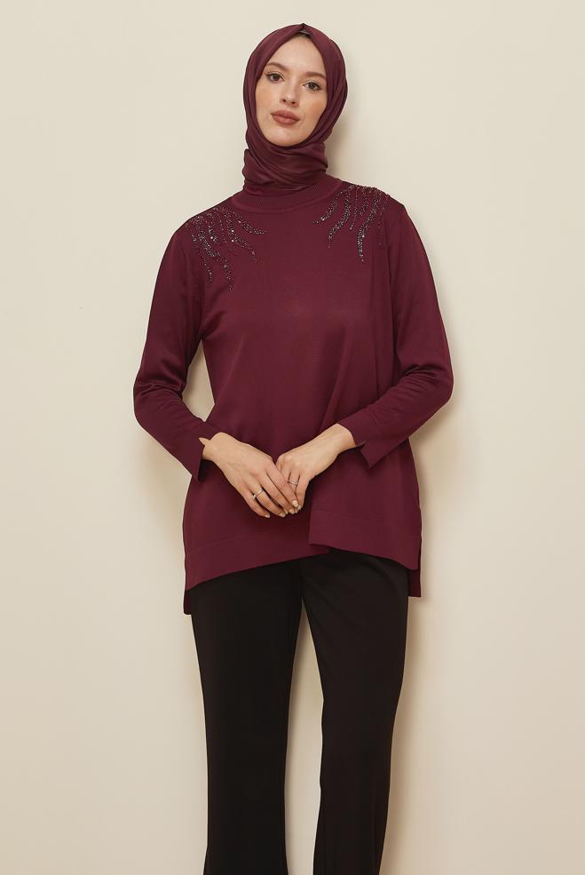 Tesettür giyim BORDO BONCUK İŞLEMELİ TRİKO TUNİK 45906 - ALVİNA