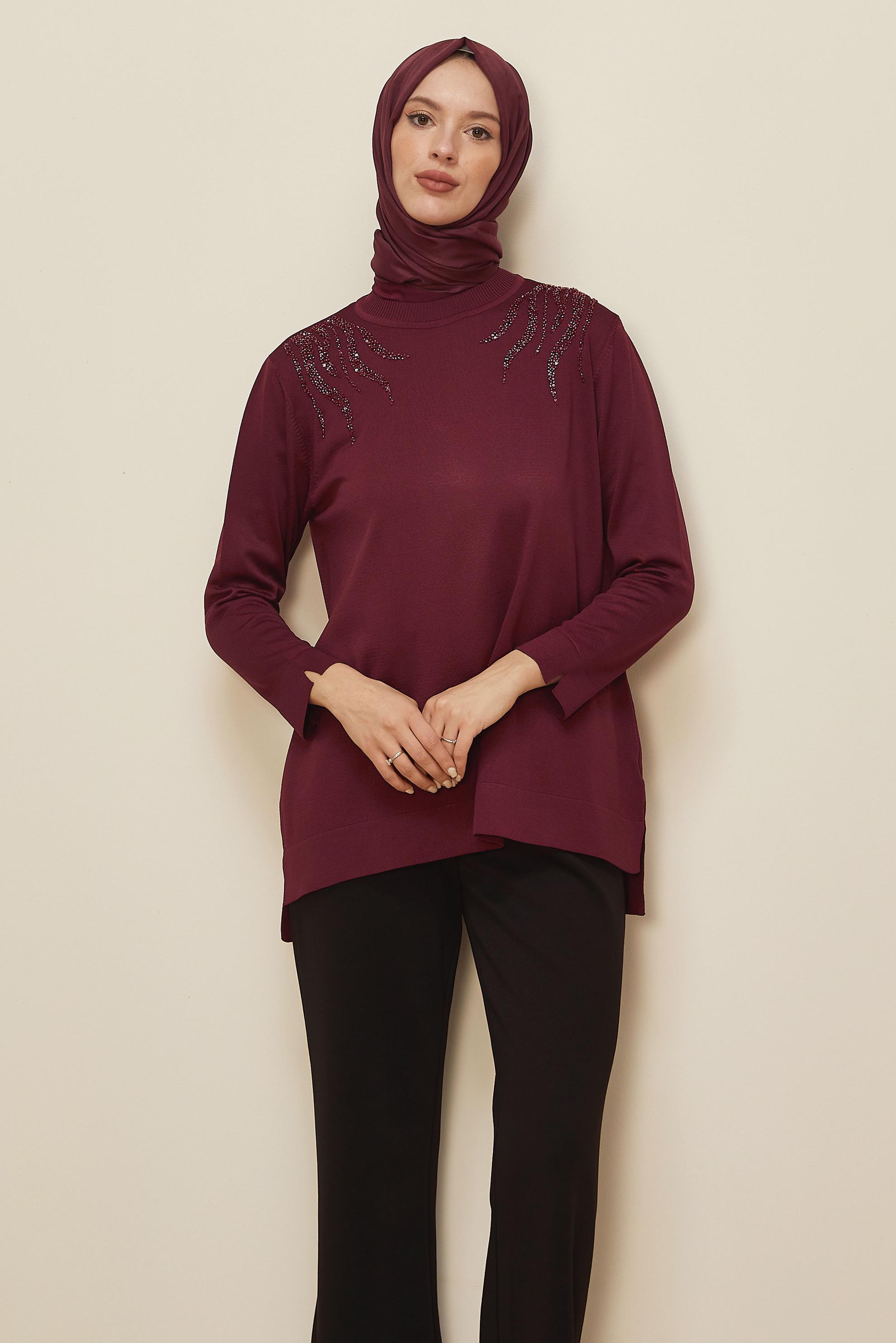 Tesettür giyim BORDO BONCUK İŞLEMELİ TRİKO TUNİK 45906