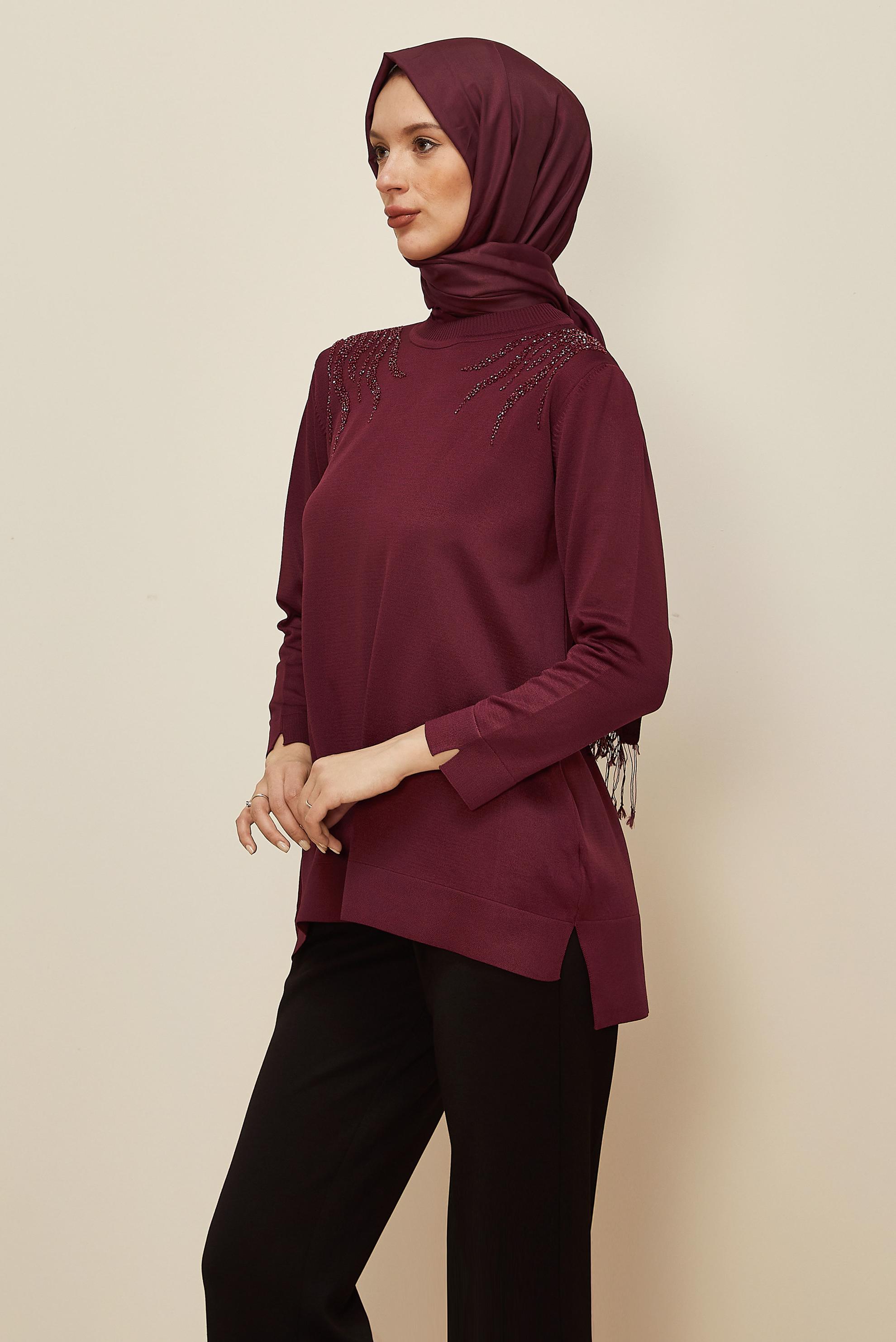 Tesettür giyim BORDO BONCUK İŞLEMELİ TRİKO TUNİK 45906