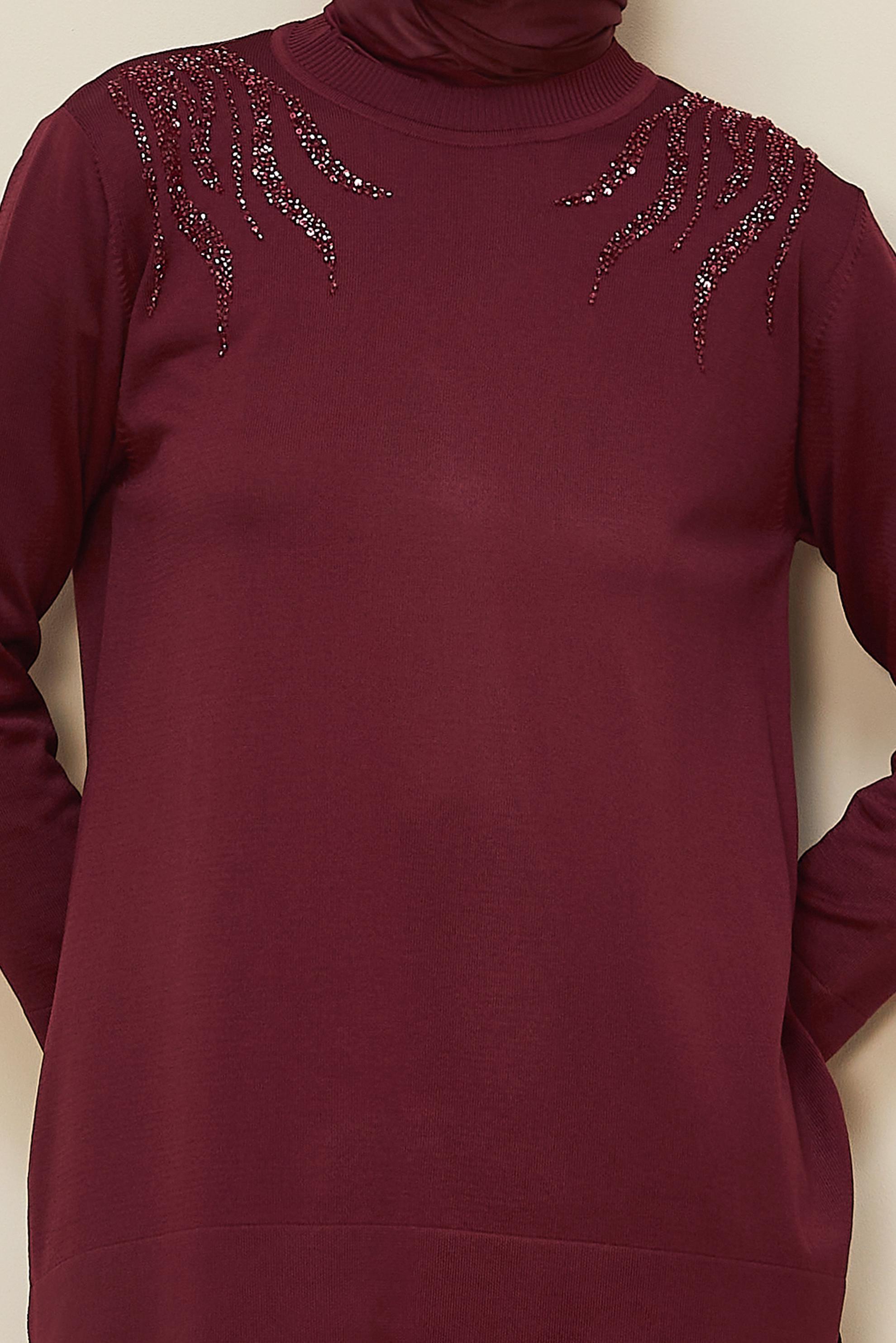 Tesettür giyim BORDO BONCUK İŞLEMELİ TRİKO TUNİK 45906
