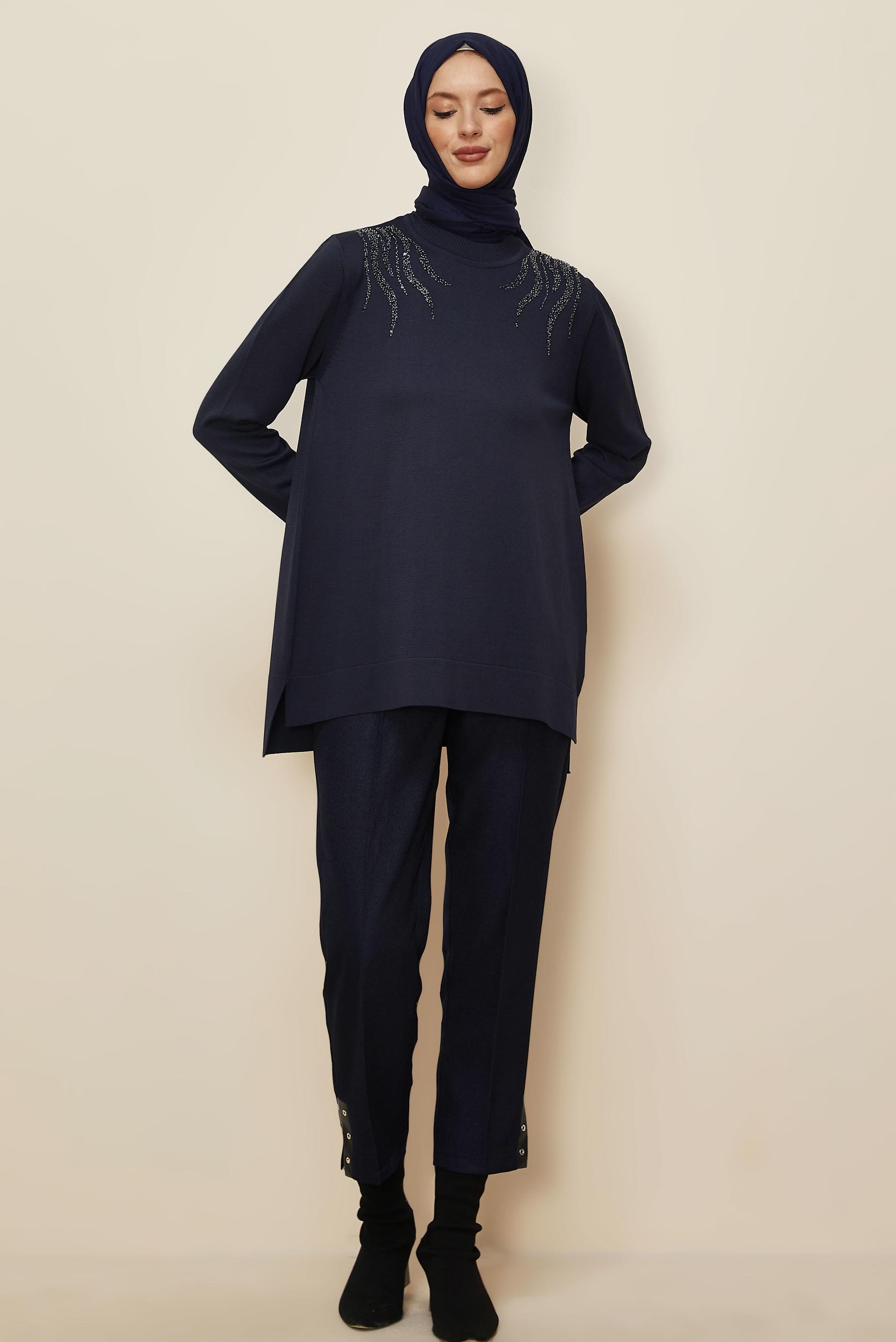 Tesettür giyim LACİVERT BONCUK İŞLEMELİ TRİKO TUNİK 45906