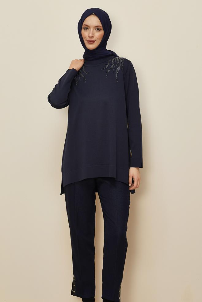 Tesettür giyim LACİVERT BONCUK İŞLEMELİ TRİKO TUNİK 45906 - ALVİNA