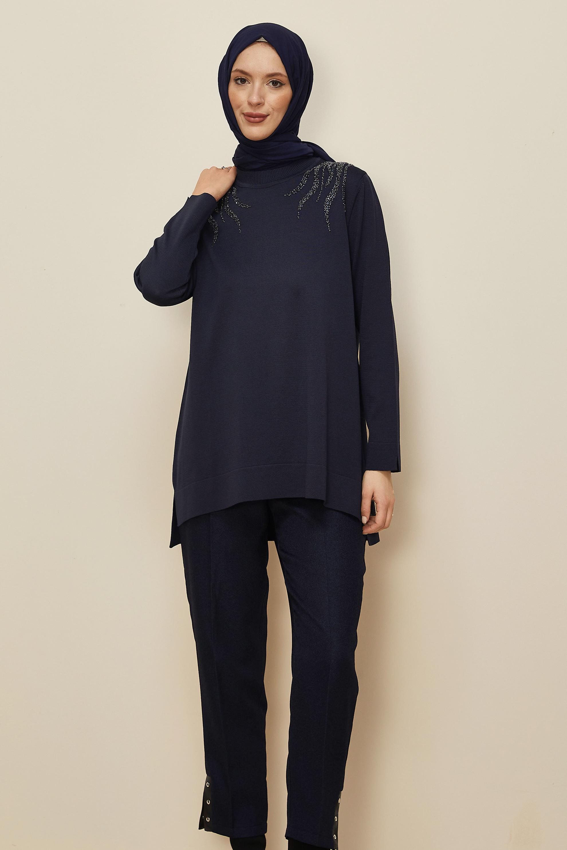 Tesettür giyim LACİVERT BONCUK İŞLEMELİ TRİKO TUNİK 45906