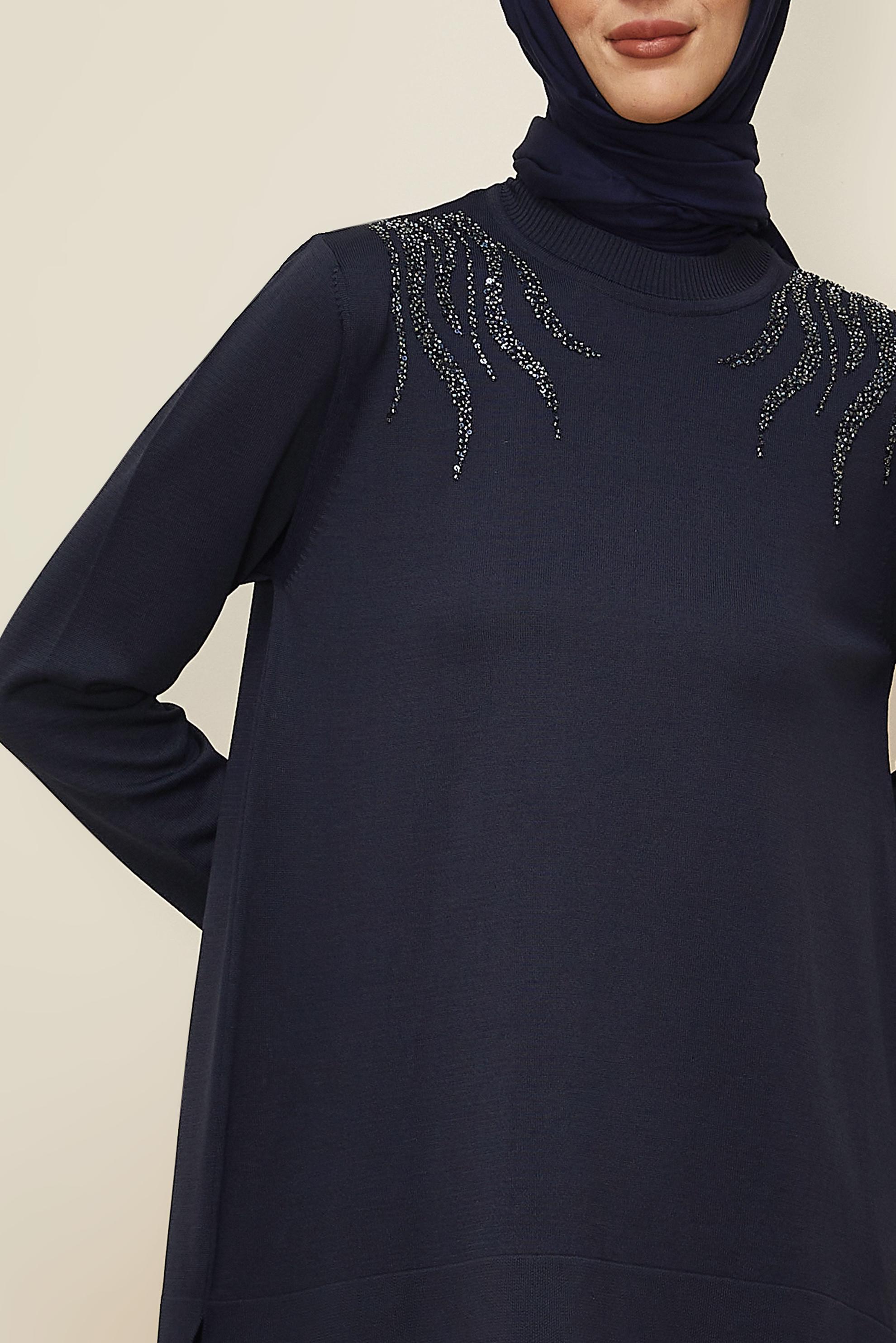 Tesettür giyim LACİVERT BONCUK İŞLEMELİ TRİKO TUNİK 45906