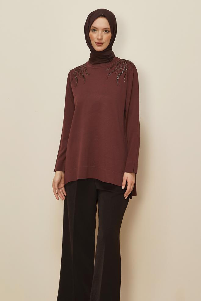 Tesettür giyim KAHVE BONCUK İŞLEMELİ TRİKO TUNİK 45906 - ALVİNA