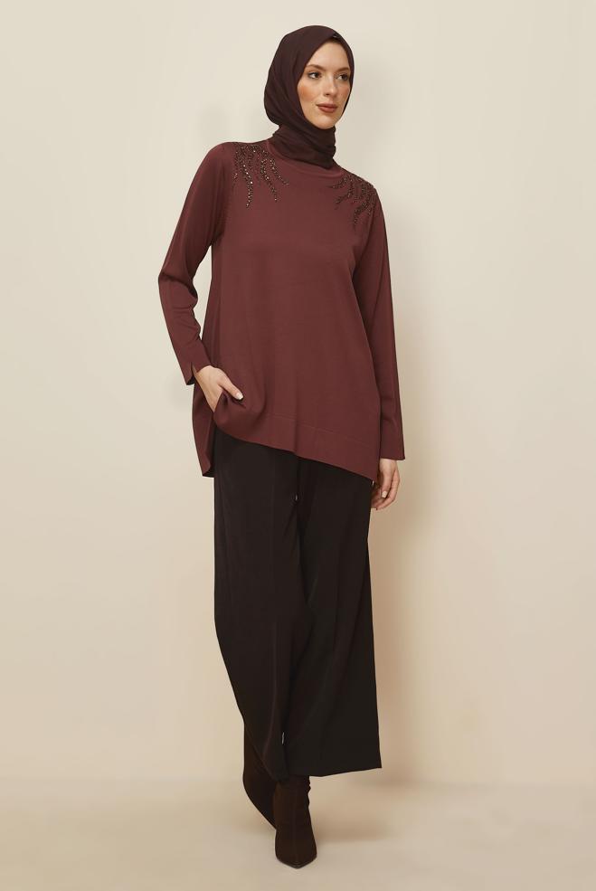 Tesettür giyim KAHVE BONCUK İŞLEMELİ TRİKO TUNİK 45906 - ALVİNA