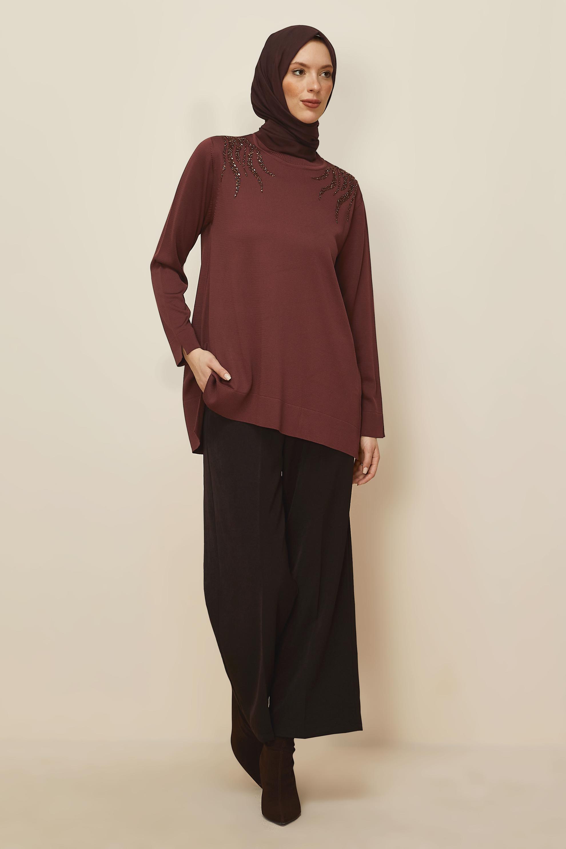 Tesettür giyim KAHVE BONCUK İŞLEMELİ TRİKO TUNİK 45906