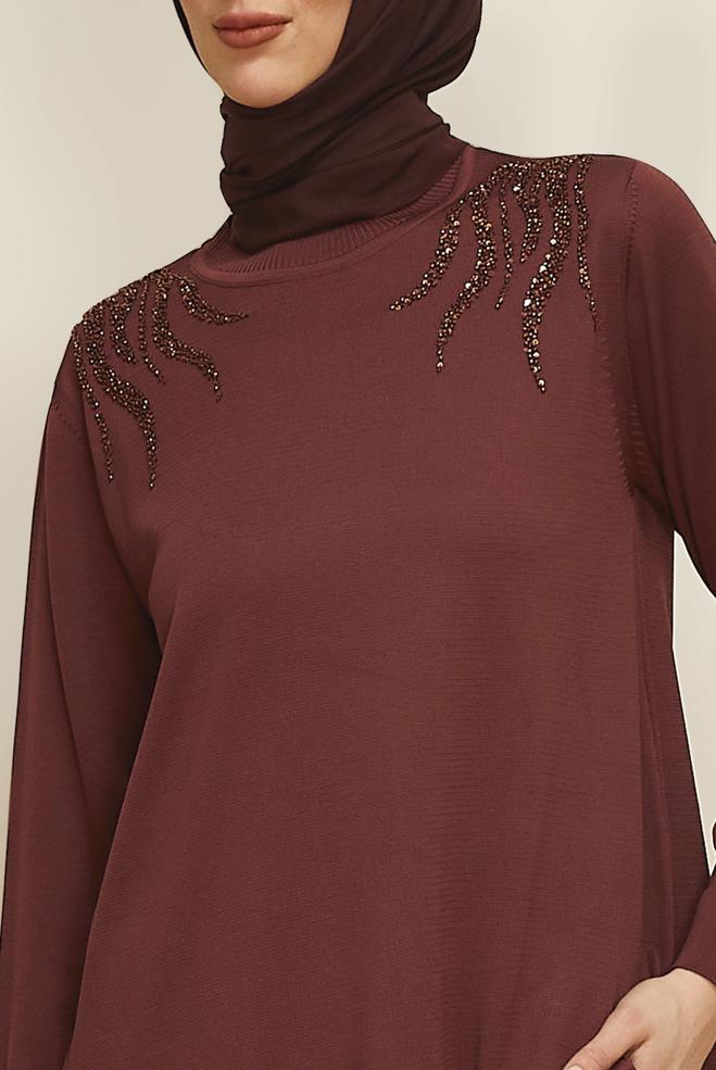Tesettür giyim KAHVE BONCUK İŞLEMELİ TRİKO TUNİK 45906 - ALVİNA