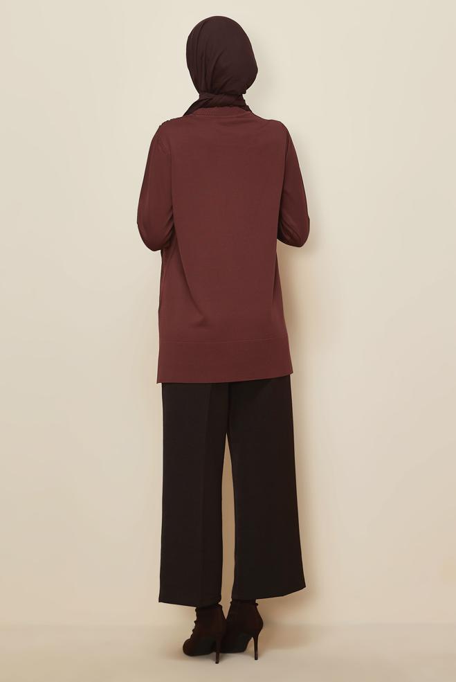 Tesettür giyim KAHVE BONCUK İŞLEMELİ TRİKO TUNİK 45906 - ALVİNA