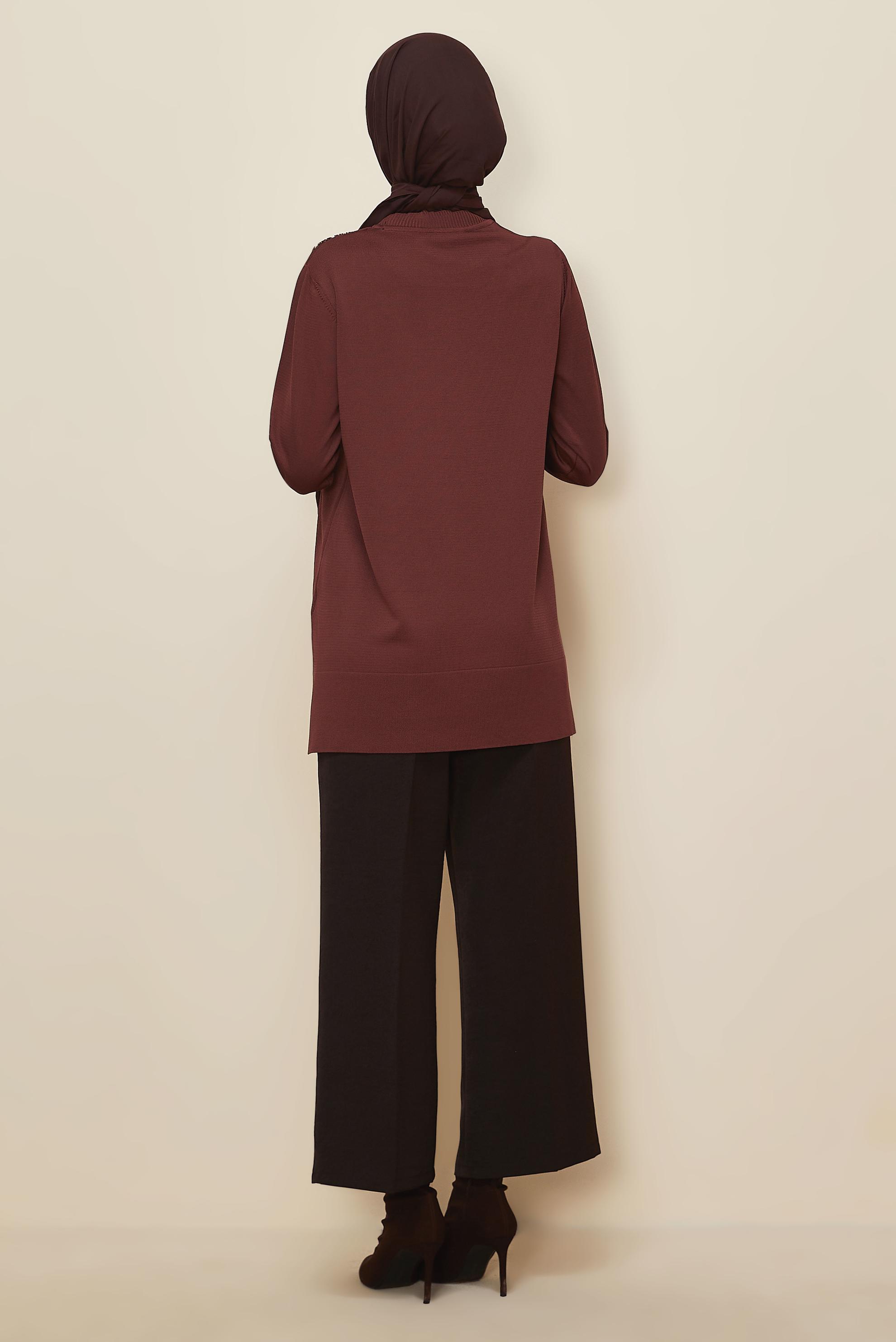 Tesettür giyim KAHVE BONCUK İŞLEMELİ TRİKO TUNİK 45906