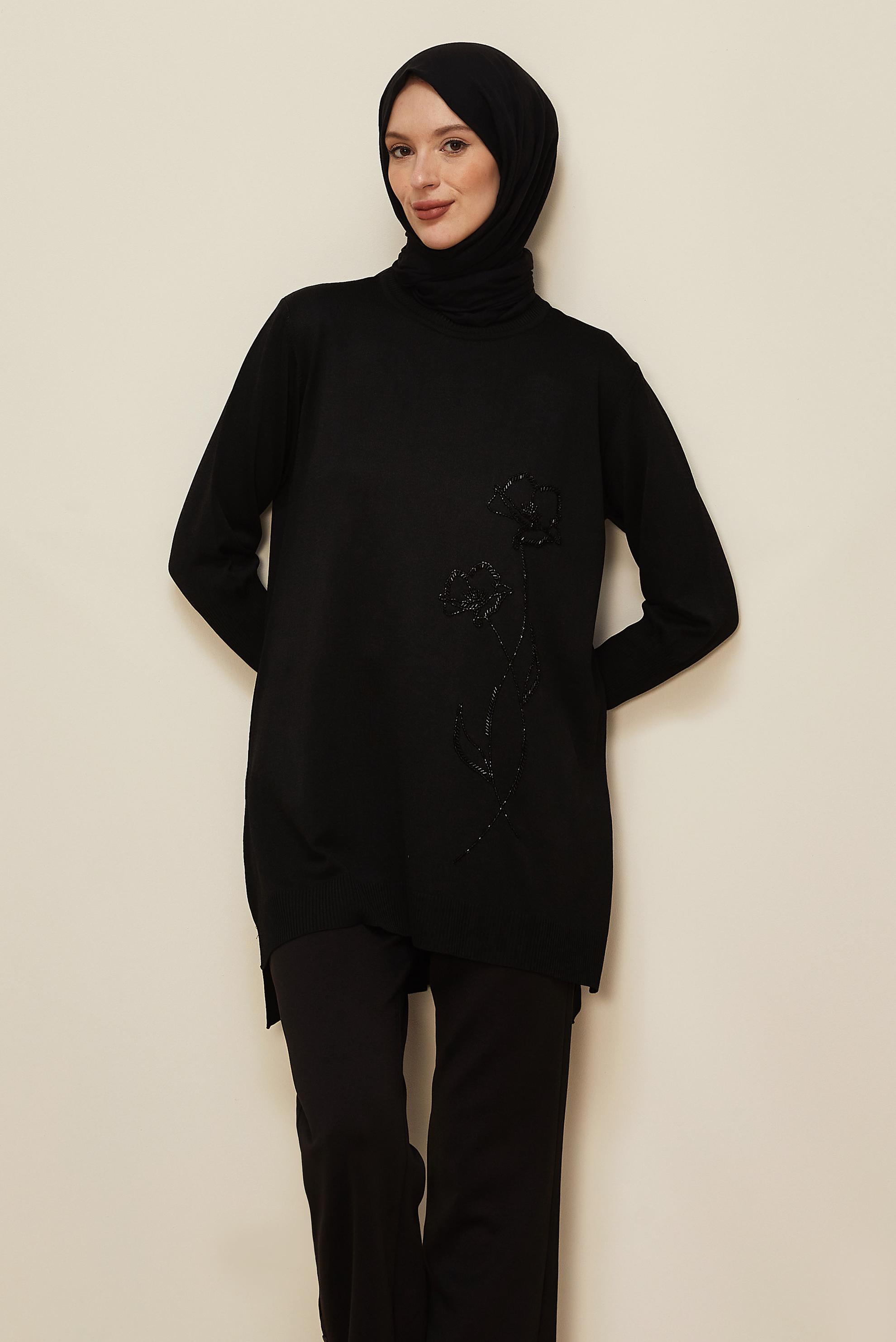 Tesettür giyim SİYAH BONCUK İŞLEMELİ TRİKO TUNİK 45907