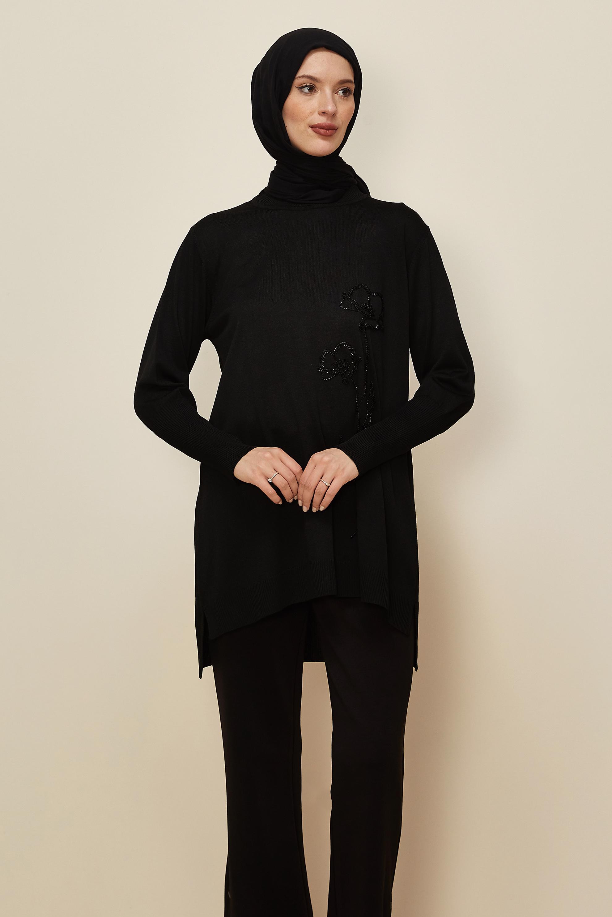 Tesettür giyim SİYAH BONCUK İŞLEMELİ TRİKO TUNİK 45907