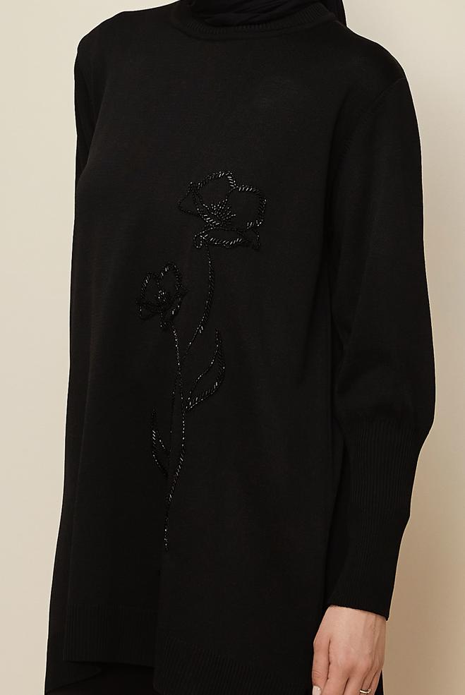 Tesettür giyim SİYAH BONCUK İŞLEMELİ TRİKO TUNİK 45907 - ALVİNA