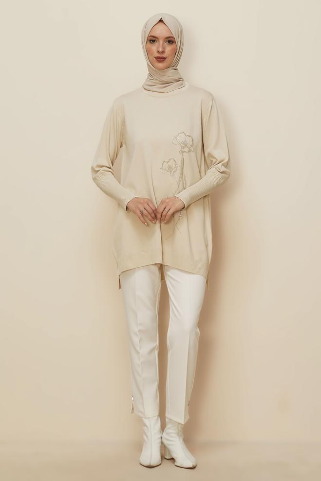 Hijab clothing BEIGE BEAD EMBROIDERED KNITWEAR TUNIC 45907 - ALVİNA