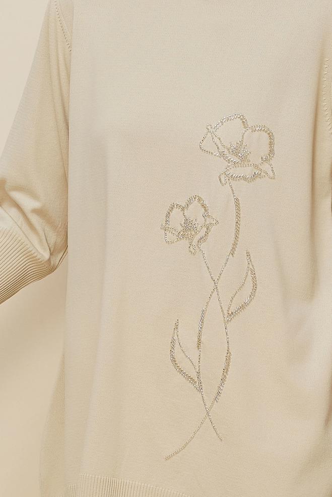 Hijab clothing BEIGE BEAD EMBROIDERED KNITWEAR TUNIC 45907 - ALVİNA