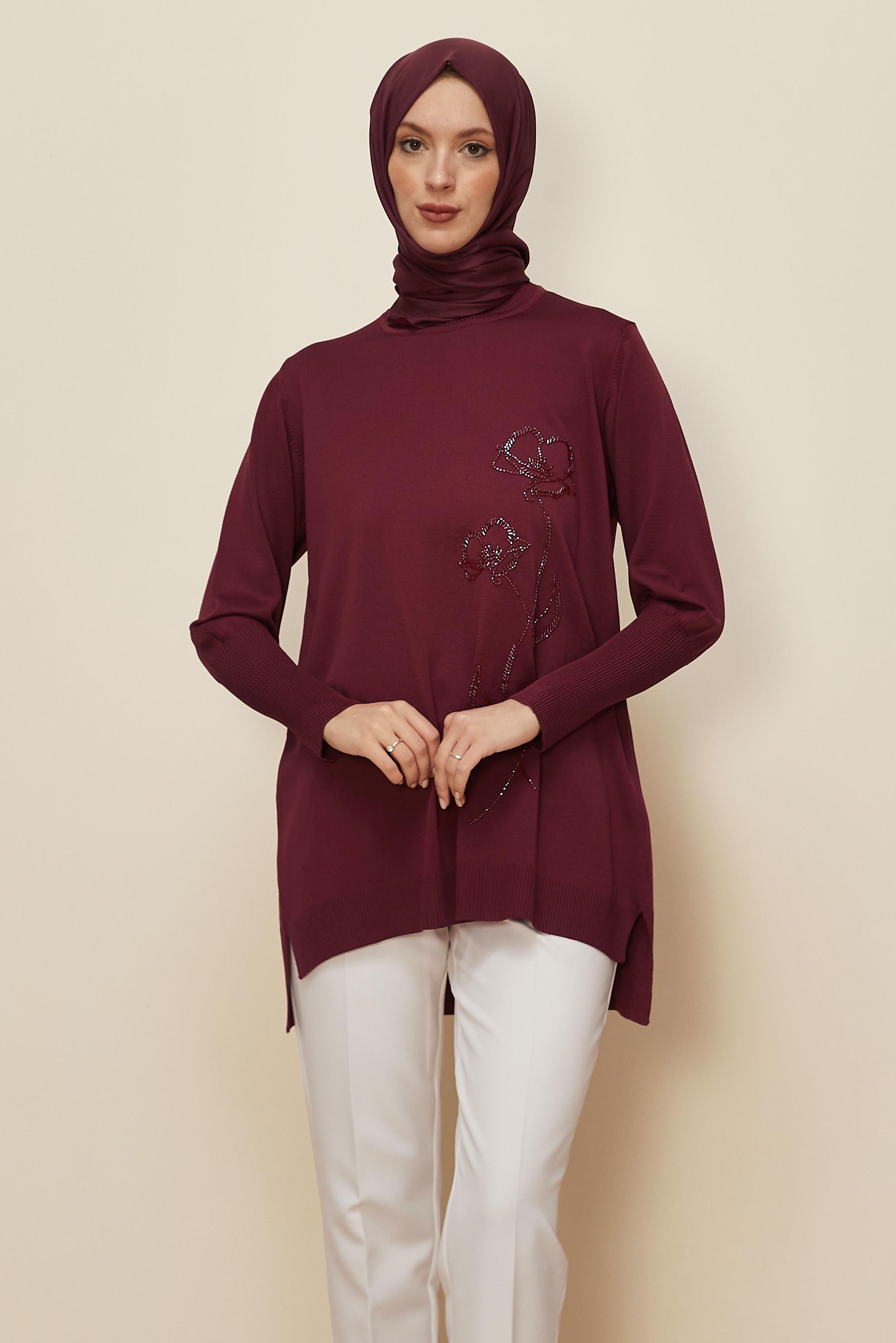 Hijab clothing CLARET RED BEAD EMBROIDERED KNITWEAR TUNIC 45907