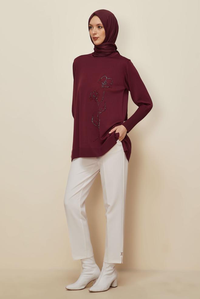 Hijab clothing CLARET RED BEAD EMBROIDERED KNITWEAR TUNIC 45907 - ALVİNA