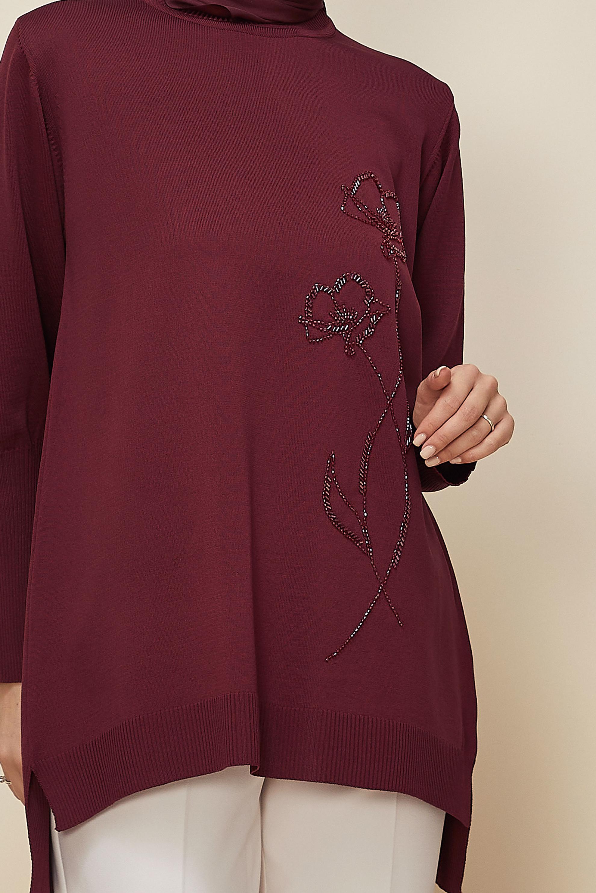 Hijab clothing CLARET RED BEAD EMBROIDERED KNITWEAR TUNIC 45907